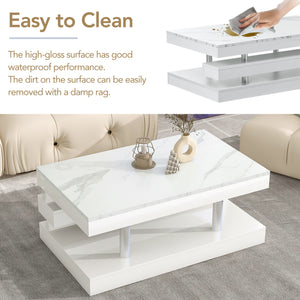 White on trend Modern 2-Tier Coffee Table with Silver Metal Legs, Rectangle Cocktail Table with High-gloss UV Surface, Minimalist Design Center Table for Living Room,