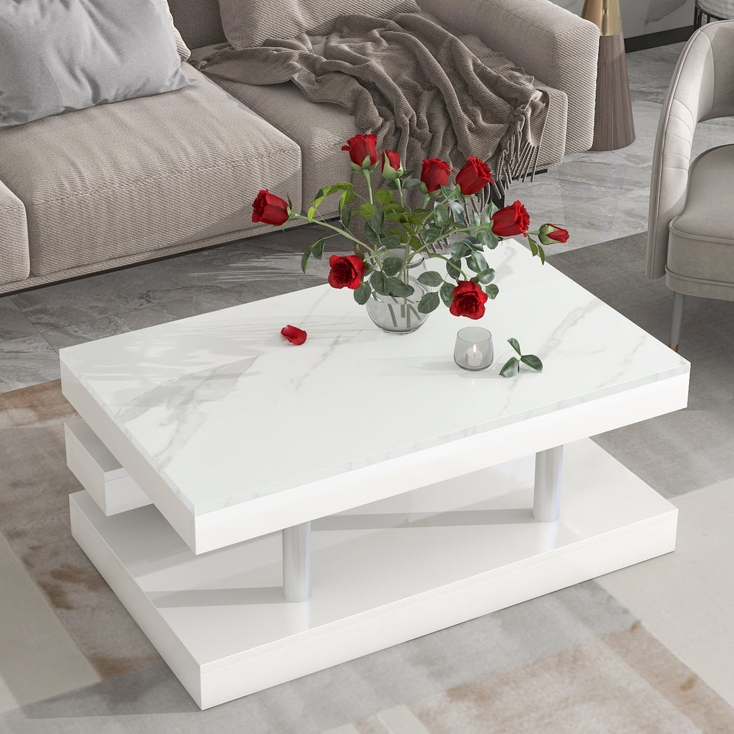 White on trend Modern 2-Tier Coffee Table with Silver Metal Legs, Rectangle Cocktail Table with High-gloss UV Surface, Minimalist Design Center Table for Living Room,