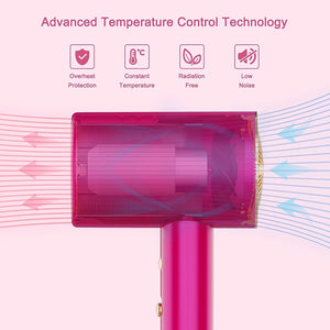 Water Ionic Hair Dryer, 1800W Blow Dryer with Magnetic Nozzle, 2 Speed and 3 Heat Settings, Powerful Low Noise Fast Drying Travel Hair Dryer for Home, Travel and Salon, Pink